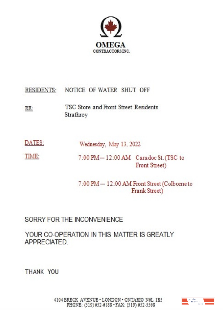Canada Ontario Omega Contractors Inc. water utility bill shutoff notice